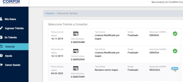 compin reclamo isapre historial